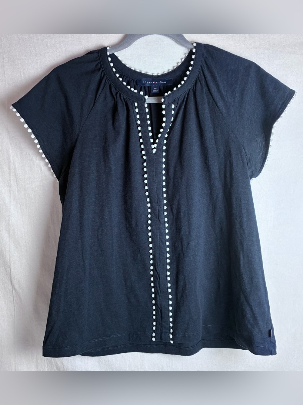 Tommy Hilfiger Womens Small Navy Blue Pom Pom Trim Split Neck Cotton Top Shirt